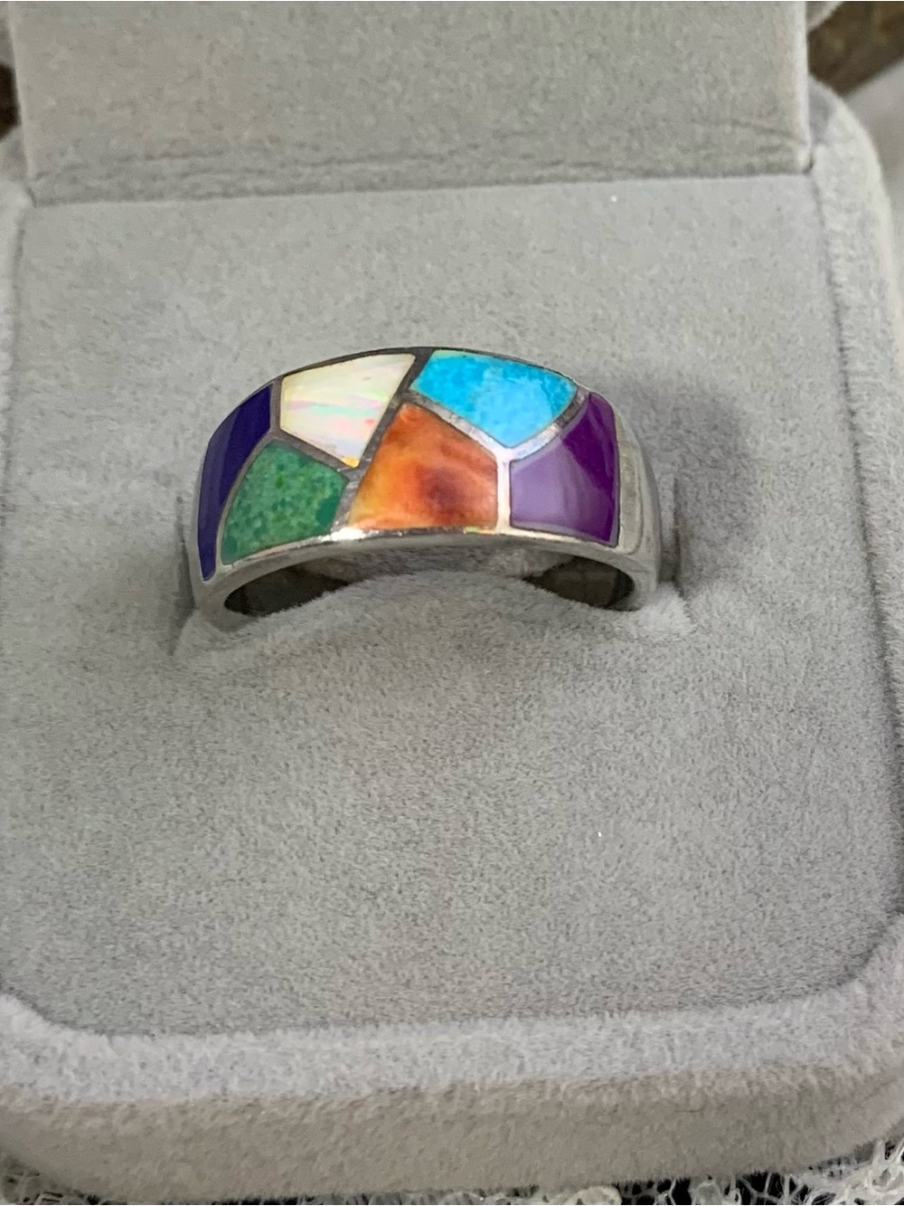 Multicolor Inlay Sterling Silver Women's Band Ring Native Style,Size 9